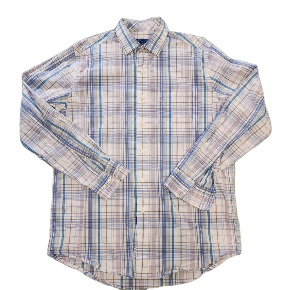 COLE HAAN Mens Blue White Plaid Grand Os Performance Button‎ Down Shirt Sz M